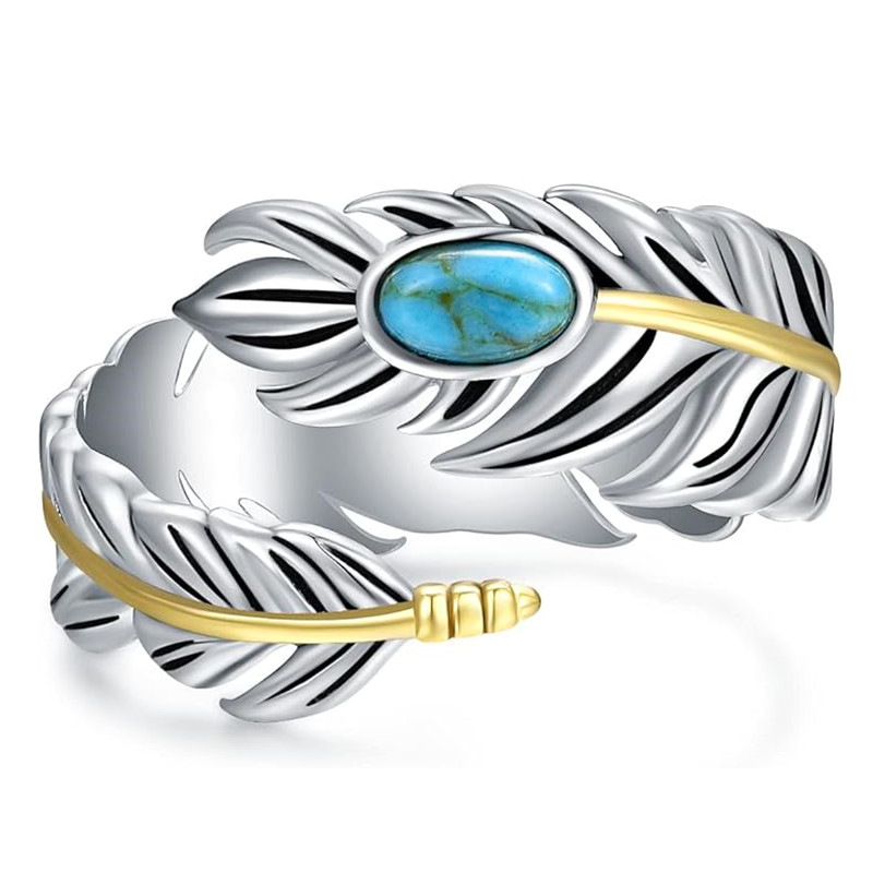  Send us a used feather ring for women, imitation turquoise, fashion jewelry, retro and personalized design, hot selling ring