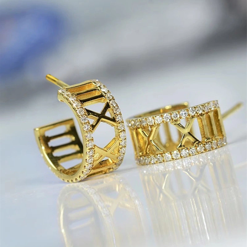 European and American Asian micro-inlaid zircon earrings with Roman numerals, fashionable and elegant French style accessories