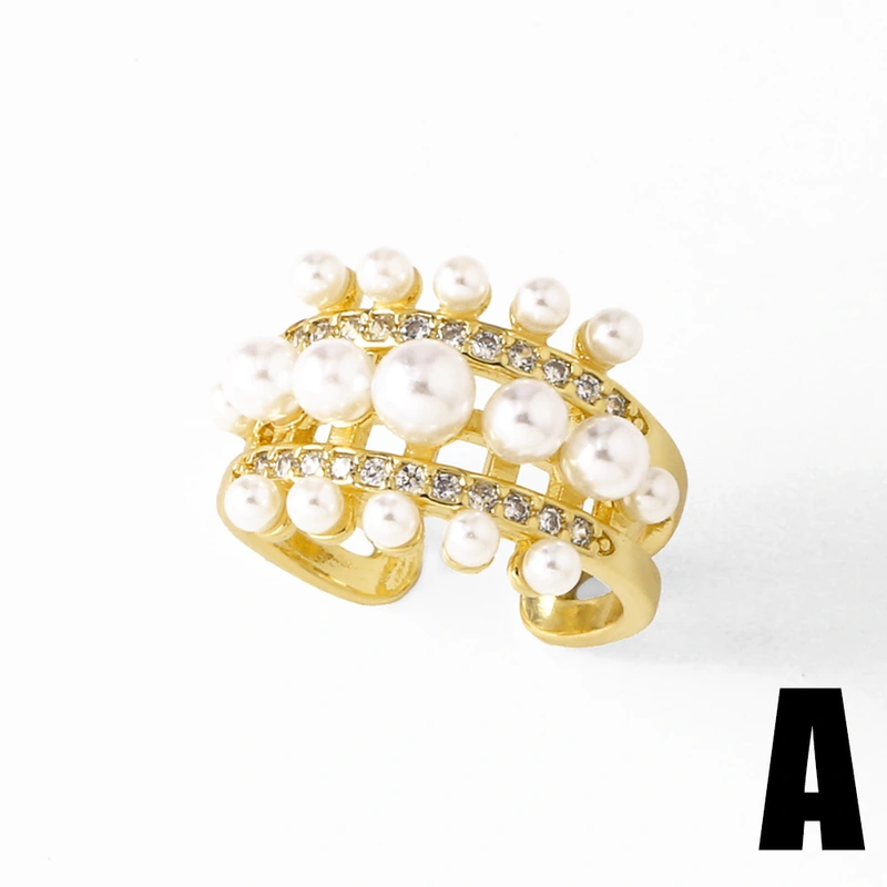 AS jewelry European and American copper plated 18k gold inlaid zircon pearl irregular open ring ring female riq53