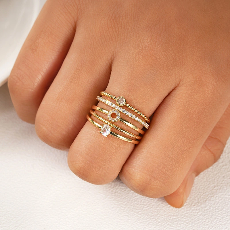  Bohemian geometric round ring five-piece set simple minimalist style ring fashionable stacking jewelry
