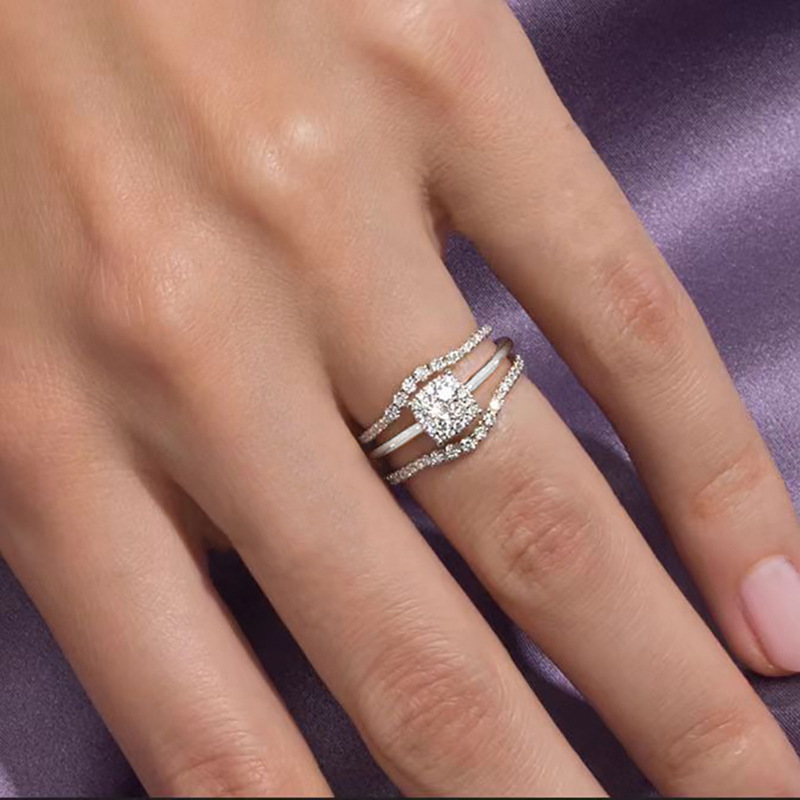  Square zircon geometric ring three-section set shiny light luxury wedding jewelry fashion hot ring