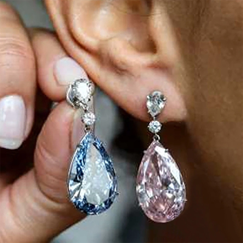 New European and American earrings, elegant lady pink diamond pear-shaped teardrop earrings for women, strong jewelry factory supply