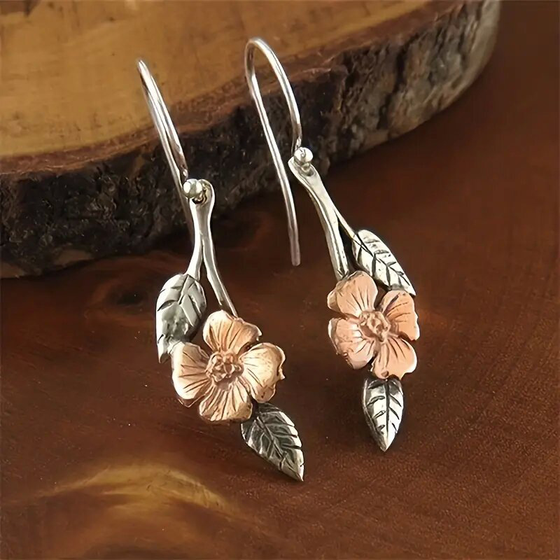 European and American new leaf flower earrings two-color retro niche simple earrings long earrings