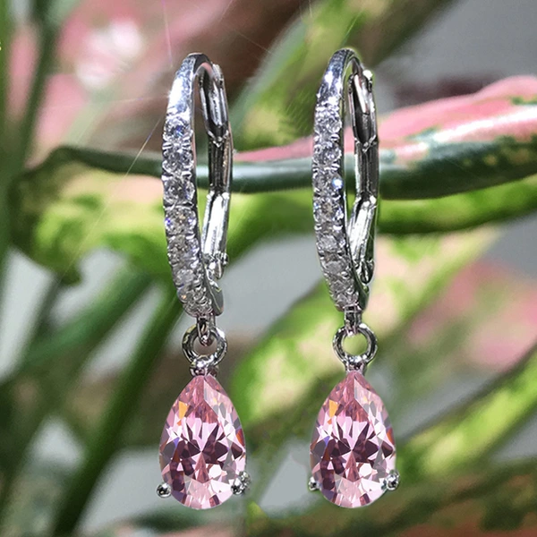 European and American source exquisite teardrop pear-shaped zircon earrings for women copper plated white gold short elegant earrings