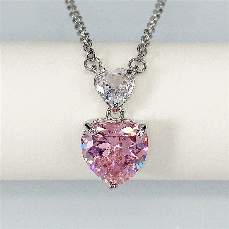 Korean style double heart pink diamond women's necklace cute peach heart zircon small pendant colored gem love pendant