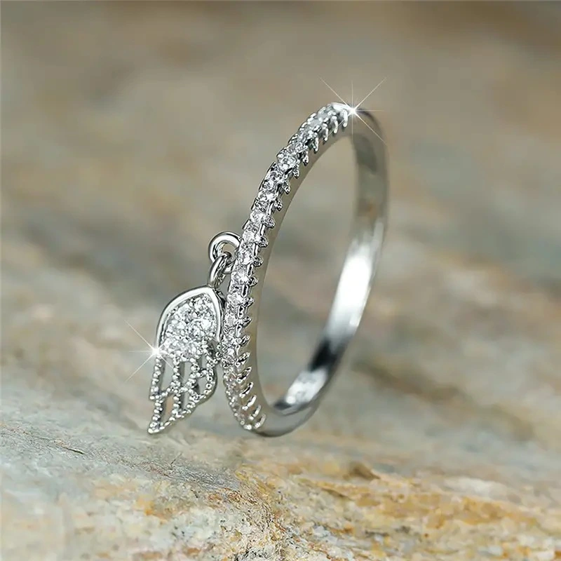  Factory direct sales of wing feather rings for women inlaid with zircon pendant rings, exquisite and fashionable daily accessories