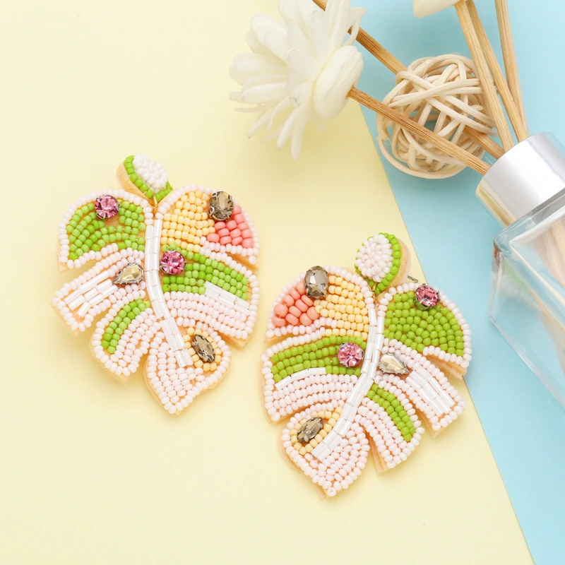 Hot selling creative Bohemian hand-woven rice bead leaf earrings European and American exaggerated earrings ers27