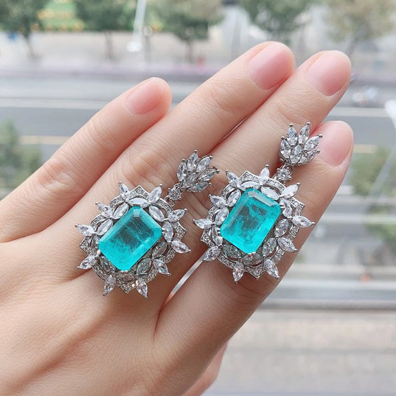European and American popular imitation jewelry luxury retro shining colored gem pendant blue green necklace earring set