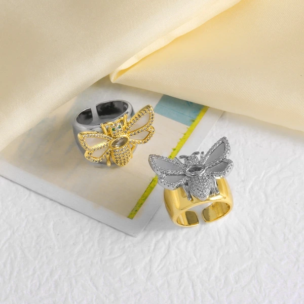 AS jewelry hot-selling two-color full zircon bee gold-plated open ring ring riq78 ring