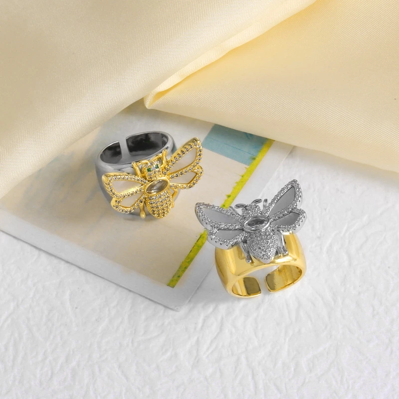 AS jewelry hot-selling two-color full zircon bee gold-plated open ring ring riq78 ring