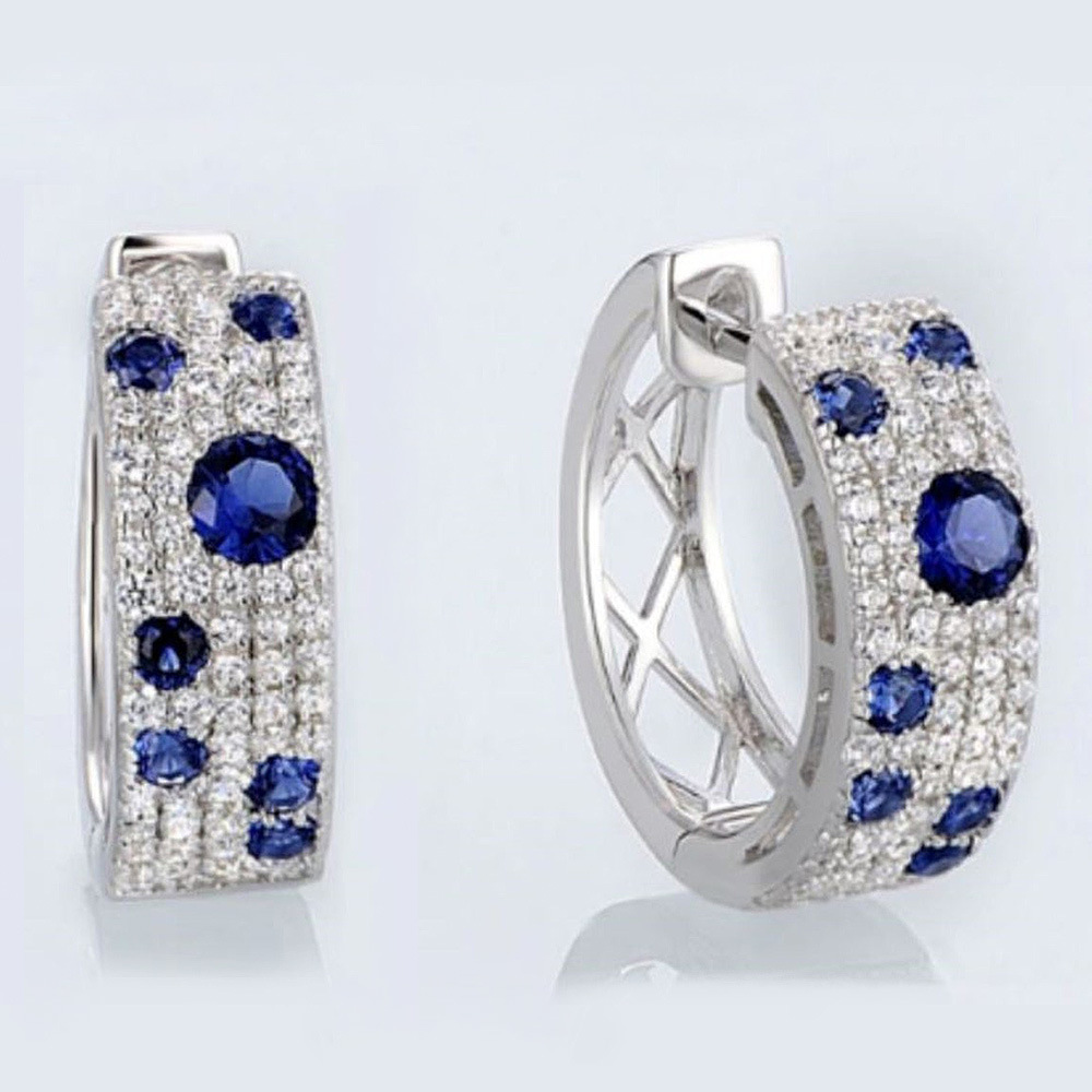 Korean blue and white diamond earrings, round micro-inlaid zircon, exquisite ear clips, popular online live broadcast, all-match earrings
