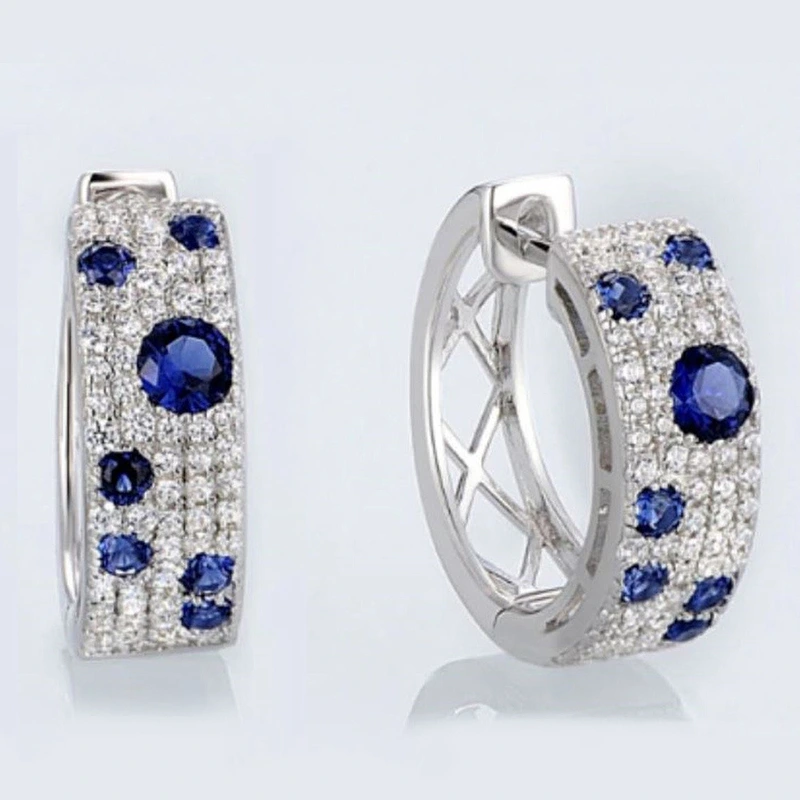 Korean blue and white diamond earrings, round micro-inlaid zircon, exquisite ear clips, popular online live broadcast, all-match earrings
