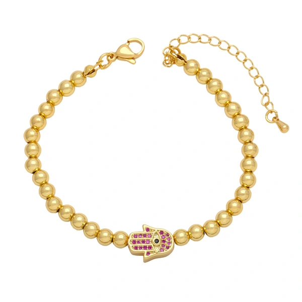 European and American personality hip-hop inlaid zircon Fatima hand bracelet female copper plated 18K gold round bead bracelet brc01
