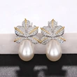 European and American leaf imitation pearl earrings, shining inlaid with zircon earrings, women's light luxury style elegant earrings