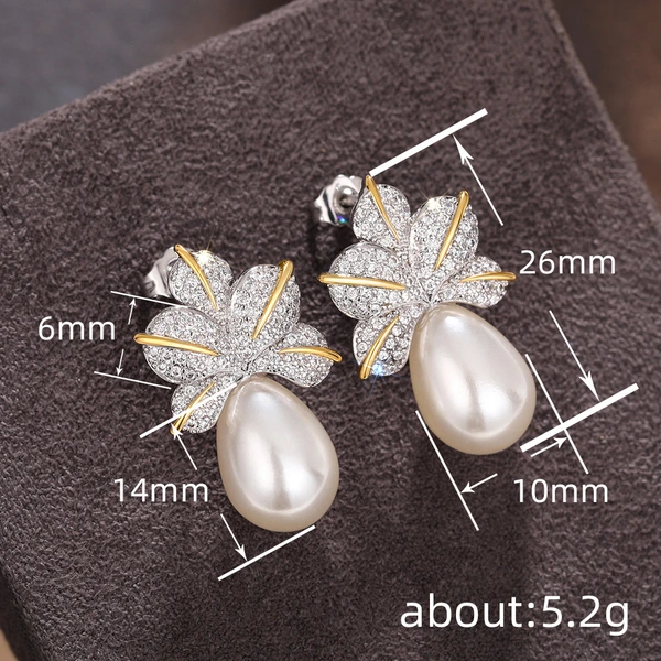 European and American leaf imitation pearl earrings, shining inlaid with zircon earrings, women's light luxury style elegant earrings
