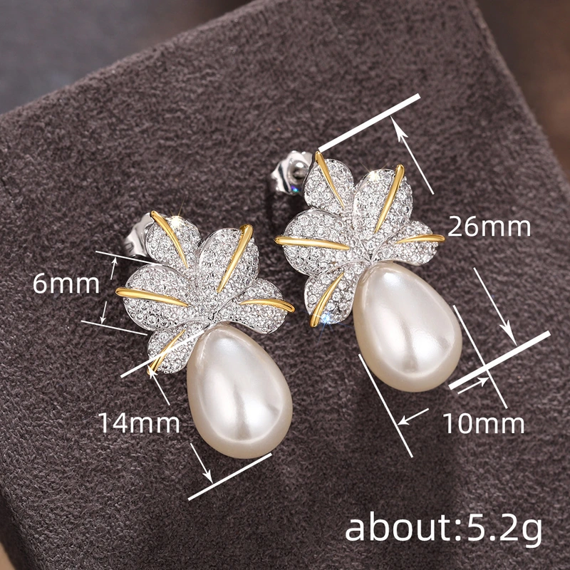 European and American leaf imitation pearl earrings, shining inlaid with zircon earrings, women's light luxury style elegant earrings