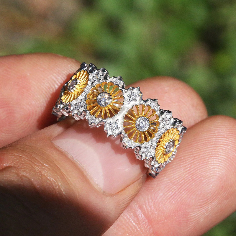  European and American hot-selling floral geometric rings, pastoral temperament, elegant rings for women, two-color, fresh and popular jewelry