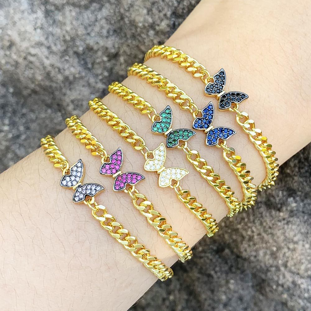 European and American style personality Cuban chain bracelet female Internet celebrity fashion trend high-end inlaid zircon butterfly bracelet brj33
