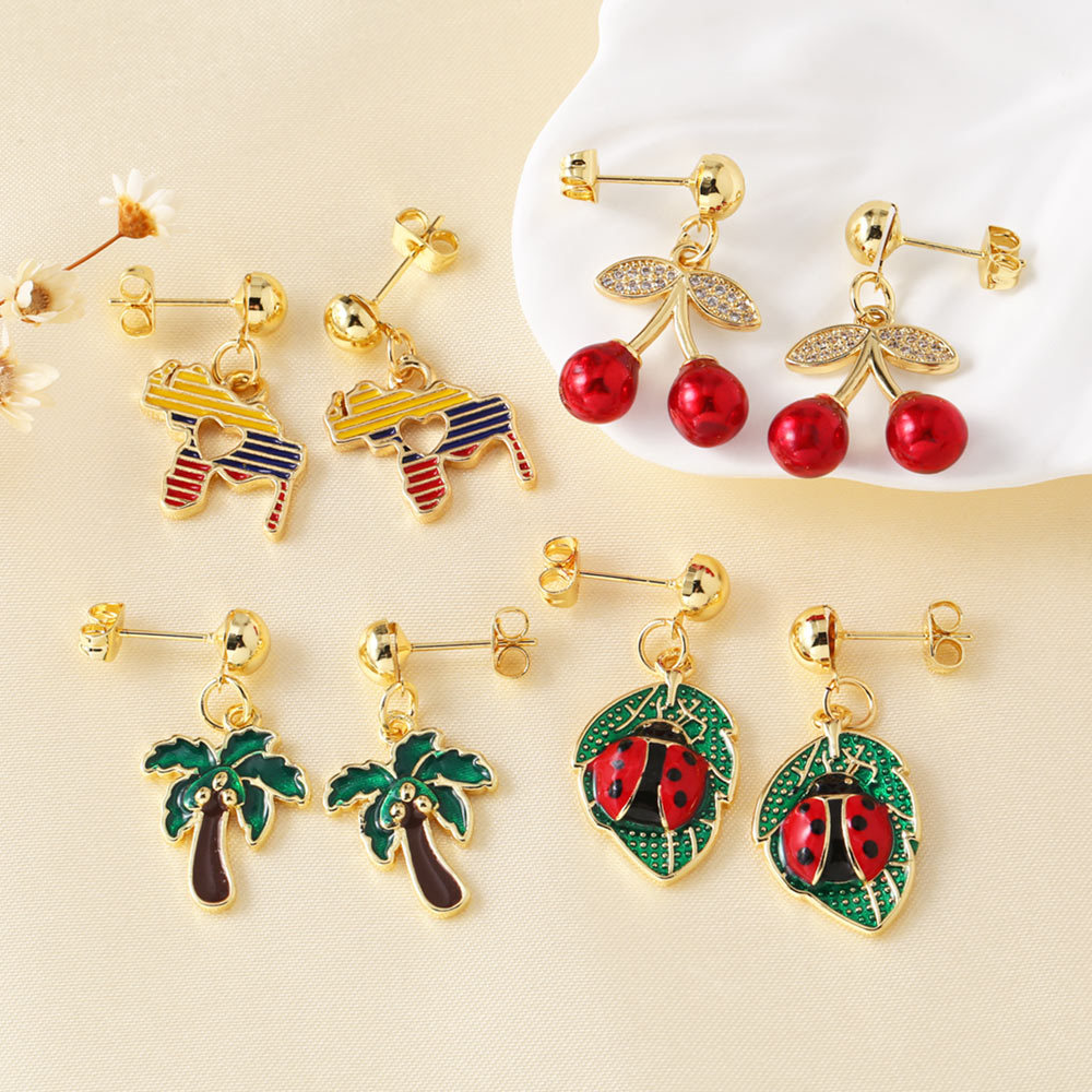 AS jewelry retro copper plated real gold cherry coconut tree pendant earrings earrings female erq31