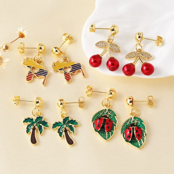 AS jewelry retro copper plated real gold cherry coconut tree pendant earrings earrings female erq31