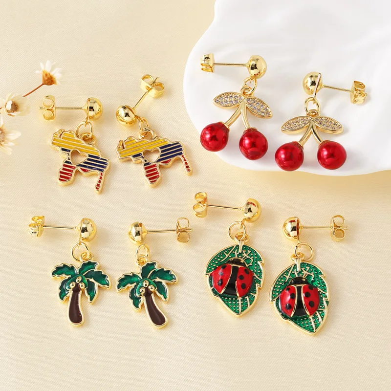 AS jewelry retro copper plated real gold cherry coconut tree pendant earrings earrings female erq31