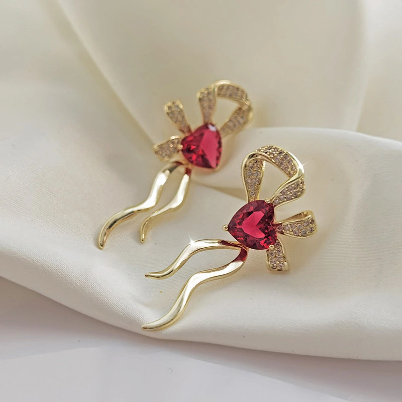 French romantic ruby heart bow earrings, high-end niche temperament hot earrings