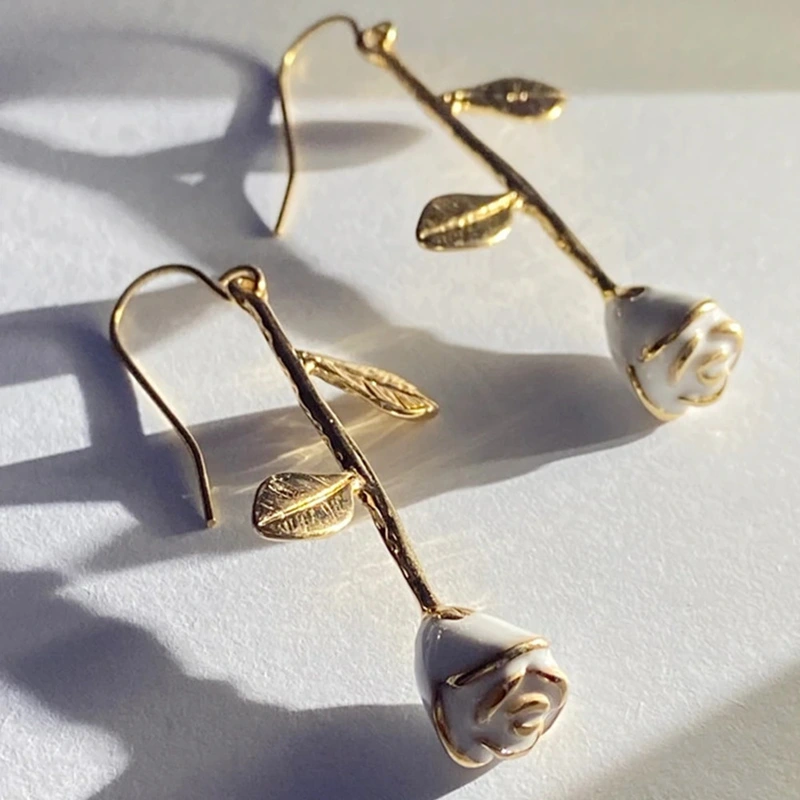 French romantic and gentle style rose branch earrings "White Rose" temperament versatile long earrings