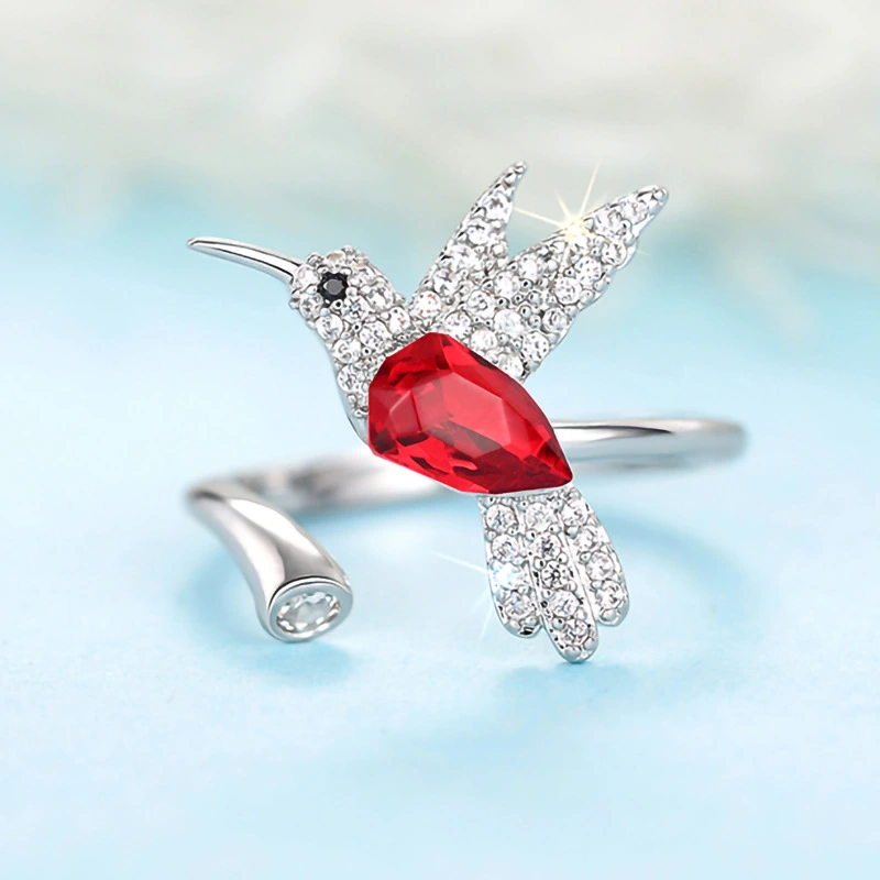  Fashionable niche design colorful ring female hummingbird open adjustable ring popular style