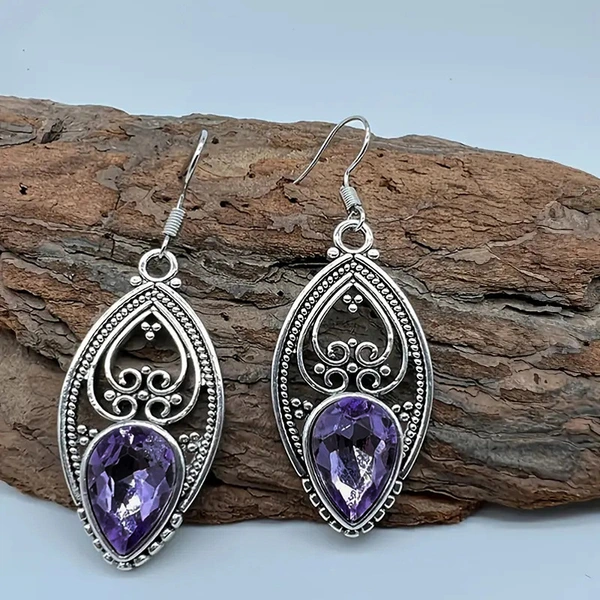  Retro alloy hollow purple earrings personality teardrop-shaped pendant ear hook floral design earrings