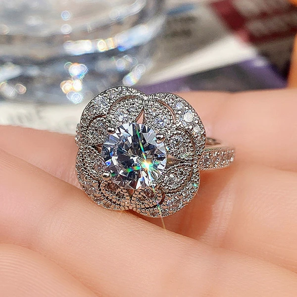 Fashionable national style jewelry retro flower zircon ring exquisite flower round diamond women's ring