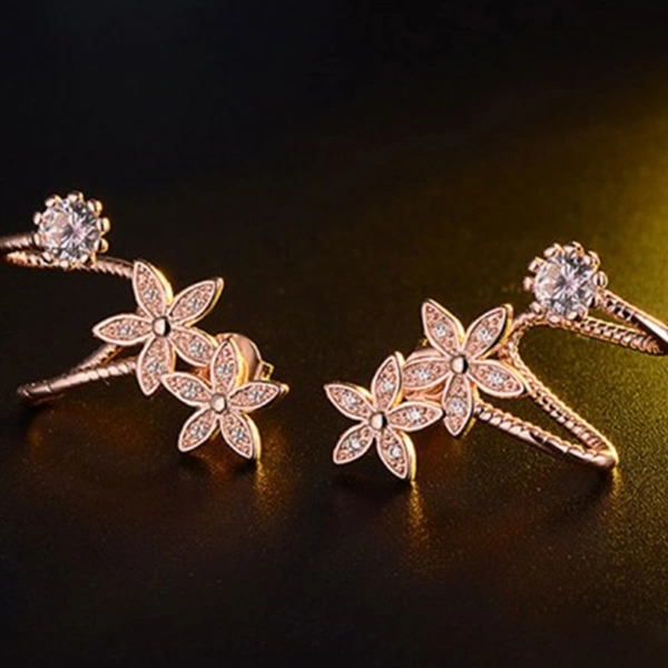 Exotic personality earrings double ear piercing flower zircon earrings one-piece earrings conjoined ear clips for women