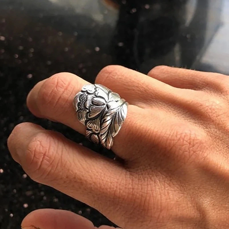  Peony flower open ring for women new retro design ethnic style ring national beauty index finger ring for women