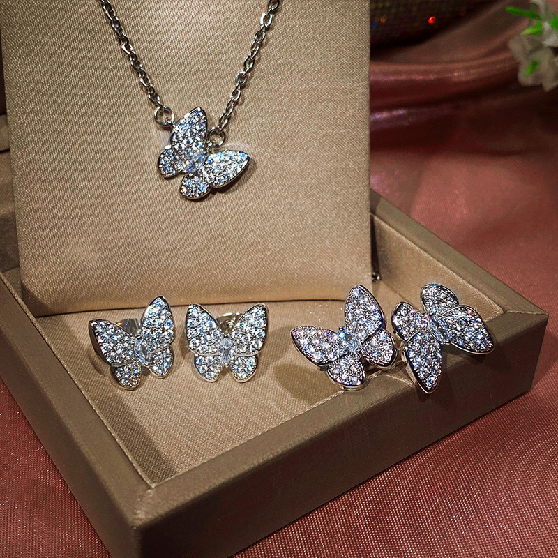 2021 live hot selling style butterfly zircon celebrity three-piece jewelry set spot direct sales