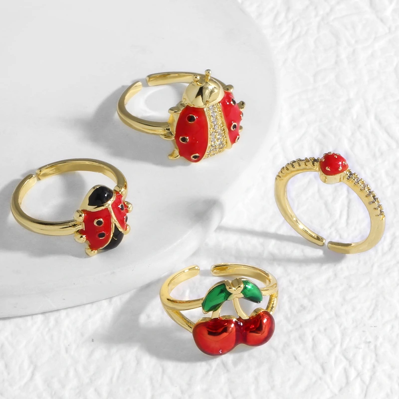 AS jewelry oil-drip gold-plated fruit cherry insect open ring finger ring ris21 ring