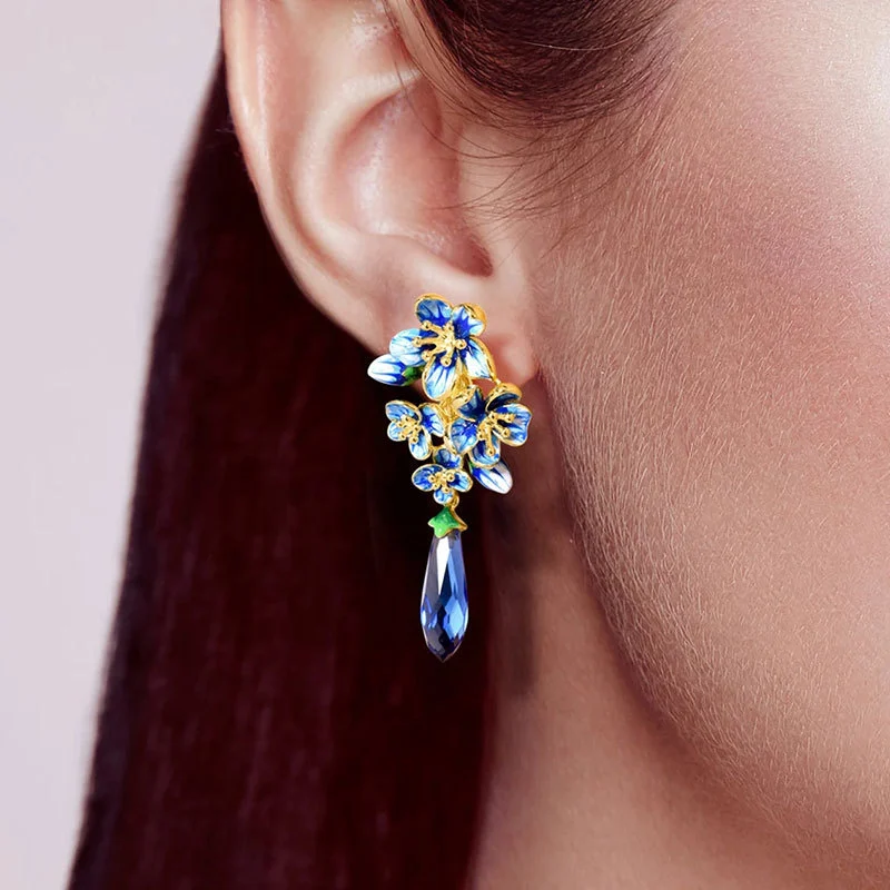 Heavy design light mature style elegant floral earrings for women creative epoxy flower zircon earrings hot sale
