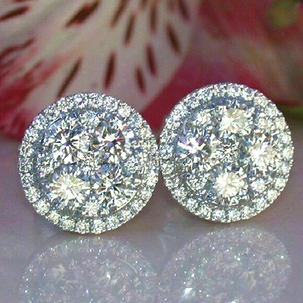 Round white zircon earrings shining women's small jewelry wholesale European and American fashion electroplated earrings