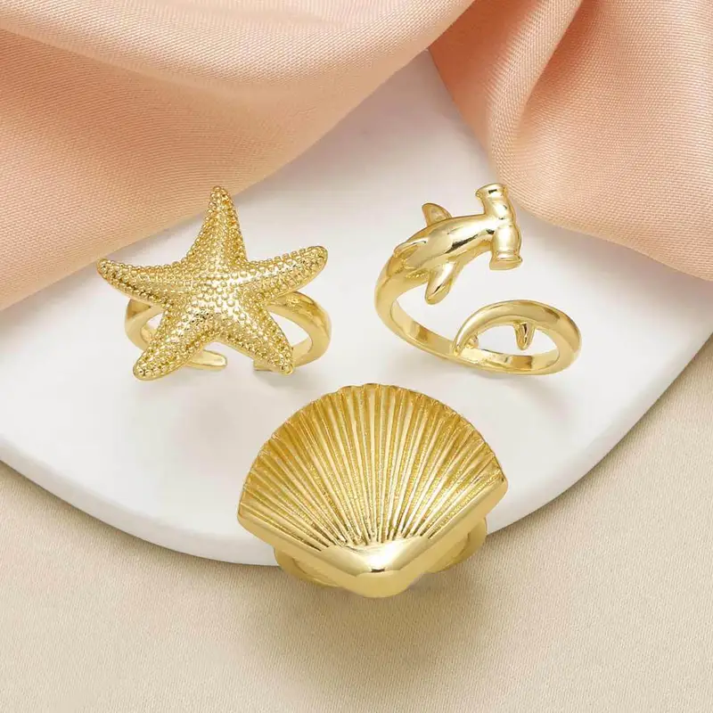 AS jewelry new hot selling starfish shell open ring female copper plated 18k gold shark ring rih59