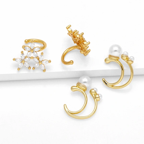 European and American jewelry style pearl earrings for women light luxury high-end inlaid zircon gold-plated flower ear clip erz11