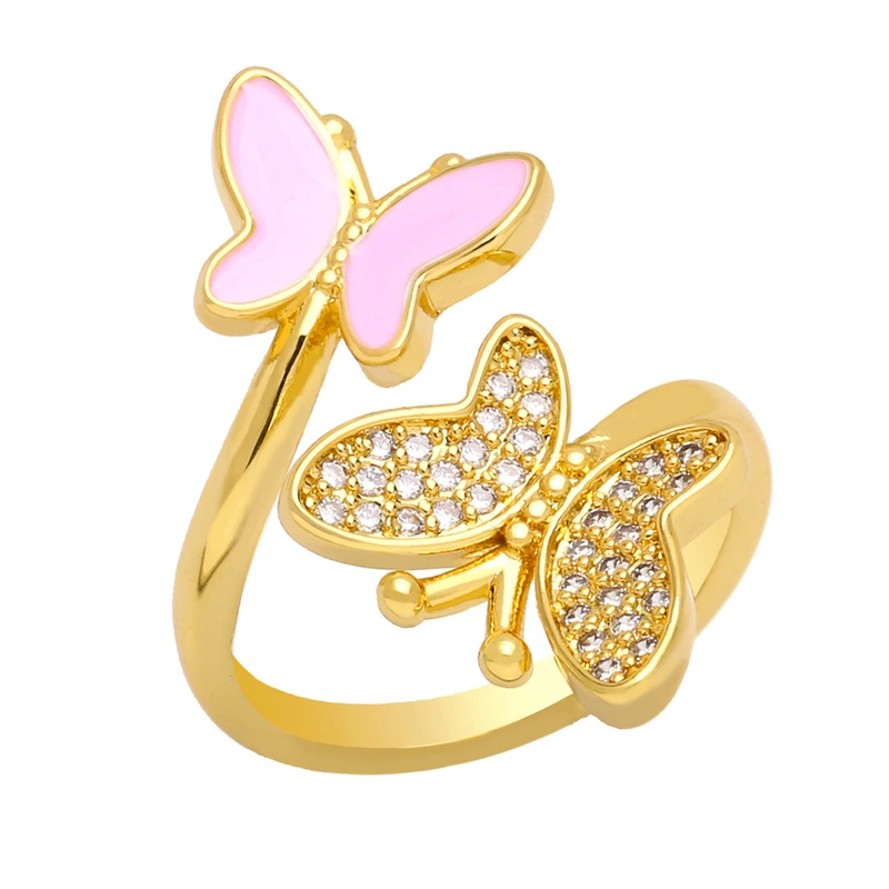 Clearance niche design double butterfly oil drop zircon ring open ring female versatile index finger ring wholesale riq68
