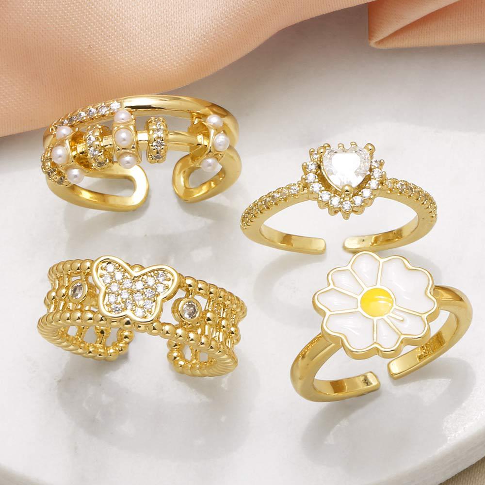 AS jewelry new hot selling chrysanthemum ring female copper plated 18k gold love heart shaped zircon ring rin64
