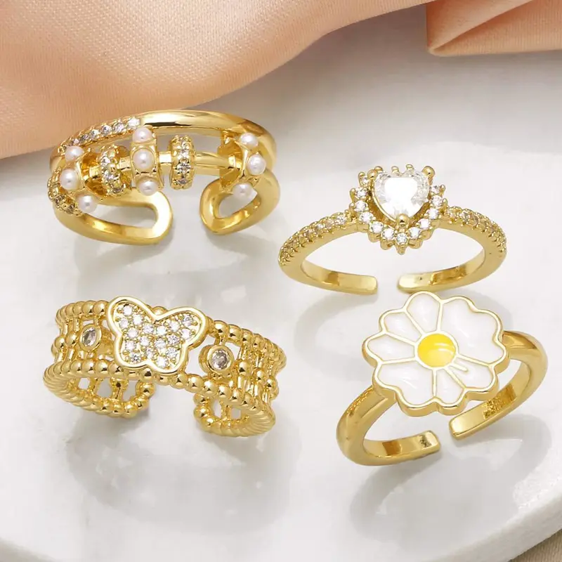 AS jewelry new hot selling chrysanthemum ring female copper plated 18k gold love heart shaped zircon ring rin64
