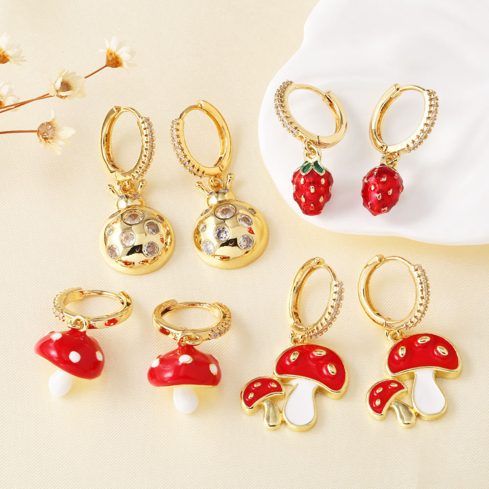 AS jewelry hot selling copper plated real gold oil drop fruit strawberry mushroom earrings earrings ers75