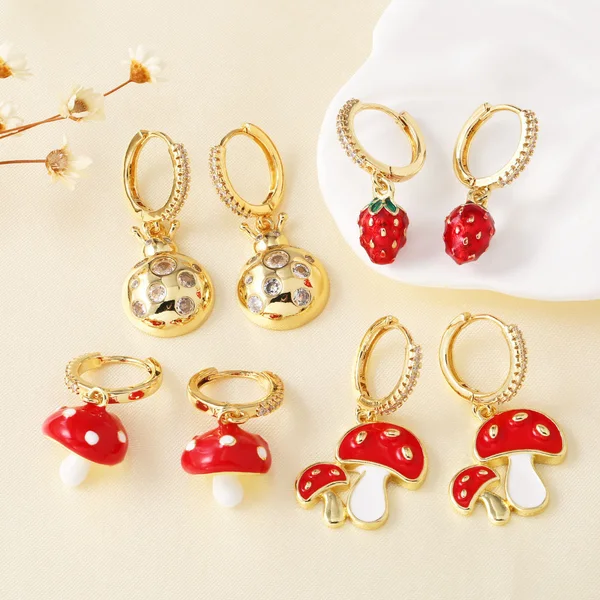 AS jewelry hot selling copper plated real gold oil drop fruit strawberry mushroom earrings earrings ers75