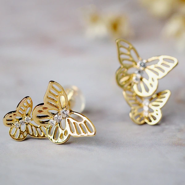 Fashion youth hollow butterfly earrings electroplated copper inlaid zircon student youth girls ear jewelry
