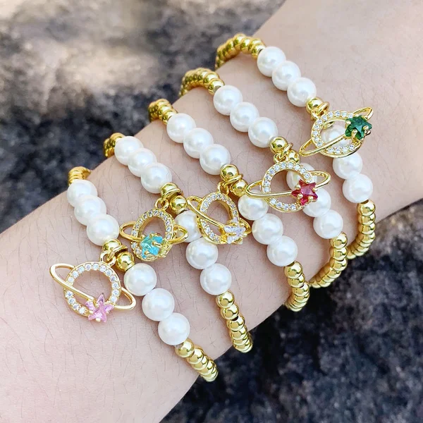 Clearance European and American jewelry wholesale fashion planet pendant bracelet pearl bracelet gold beaded bracelet brj15