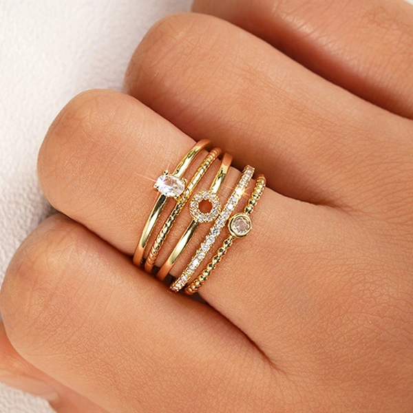  Bohemian geometric round ring five-piece set simple minimalist style ring fashionable stacking jewelry