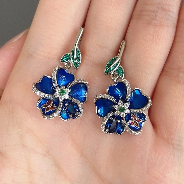 European and American hot selling blue enamel pendant earrings butterfly drop glue flower diamond earrings creative floral earrings