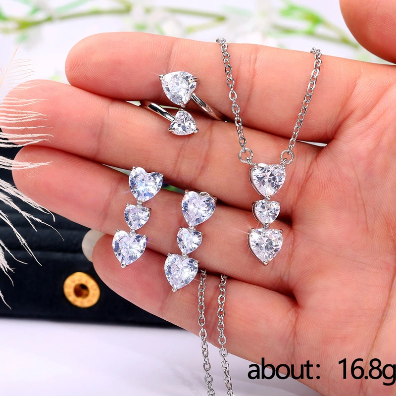 E-commerce new micro-inlaid heart-shaped necklace, earrings and ring three-piece love zircon jewelry set