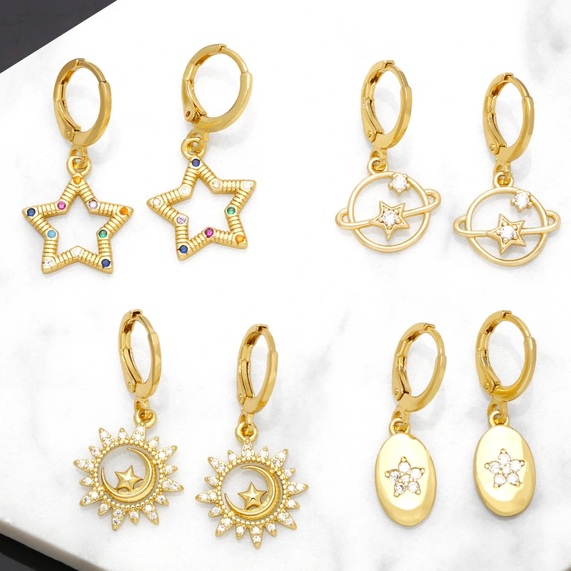 European and American simple niche design high-end metal 18k gold earrings with diamond star geometric earrings female eru03