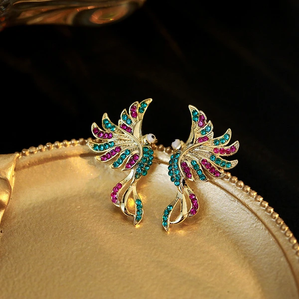  Ethnic style colorful auspicious bird earrings for women, fashionable and elegant temperament jewelry, micro-inlaid metal oil drop